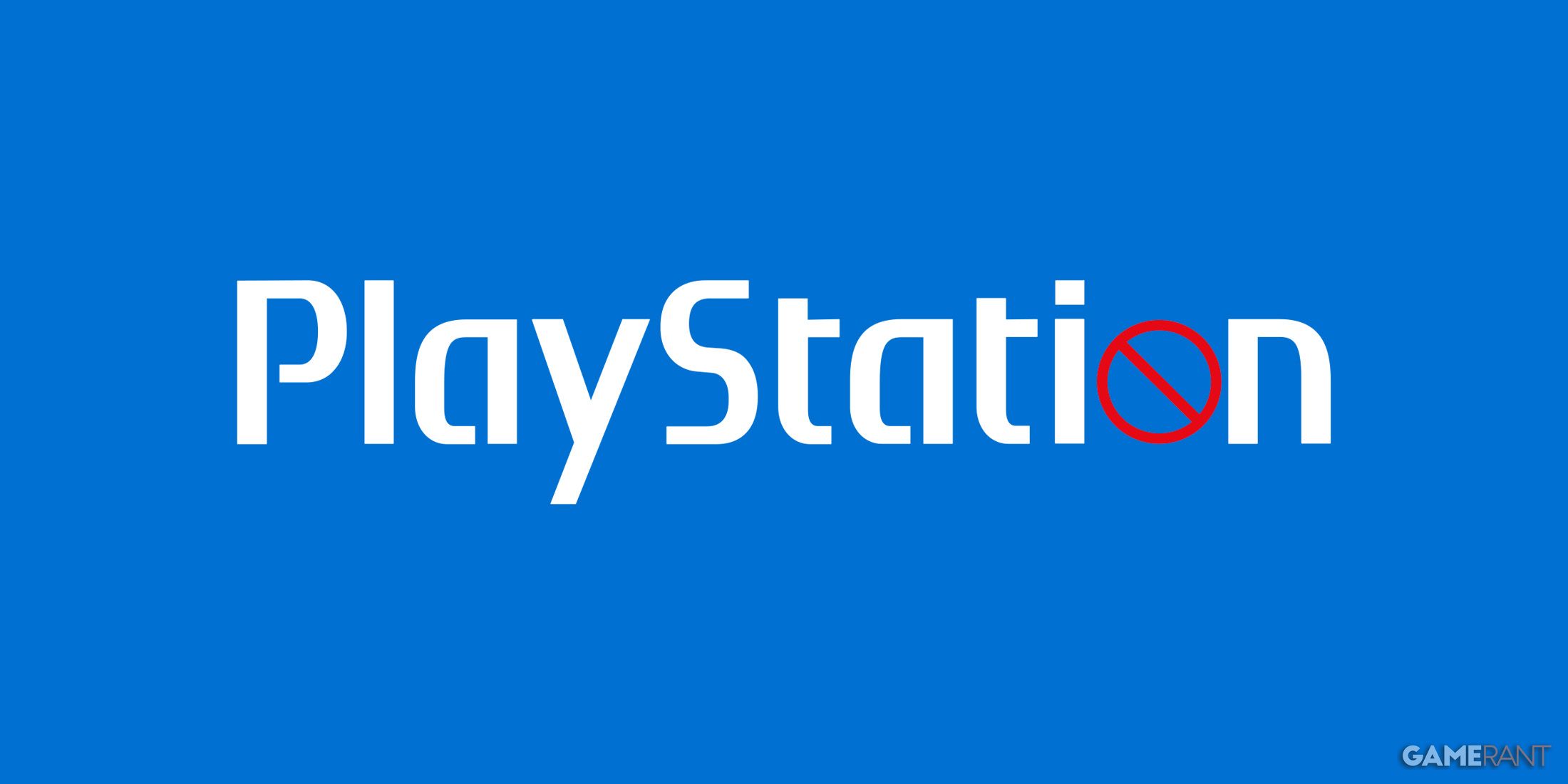 white PlayStation logo with prohibited emoji in place of O blue background 2x1 composite