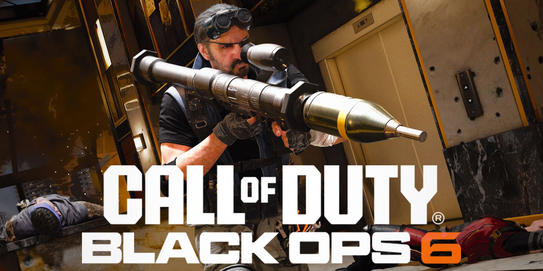 Call of Duty Black Ops 6 rocket launcher holding operator behind game logo 2x1 composite